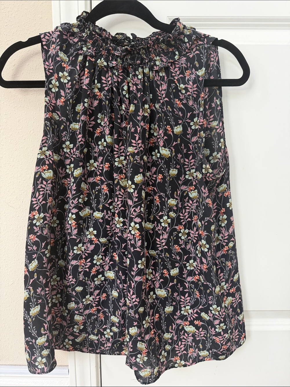 Rebecca Taylor Black Floral Smocked Neck Blouse with Pink & Green Accents